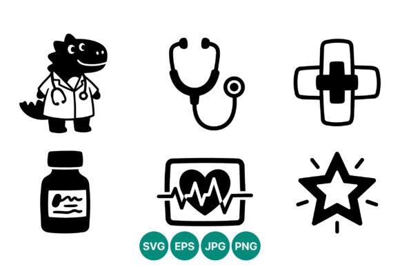 Dinosaur Doctor Cartoon Medical Icons