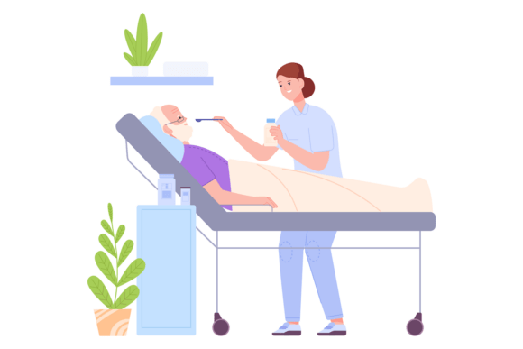 Nurse Feed Senior Patient. Hospital Bed